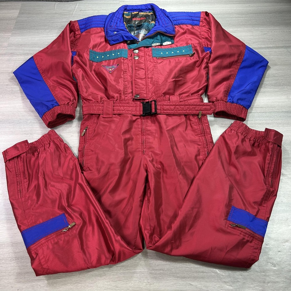 VINTAGE Kaelin Ski Snowsuit Womens XL Red Blue‎ One Piece Ski Bib 80s